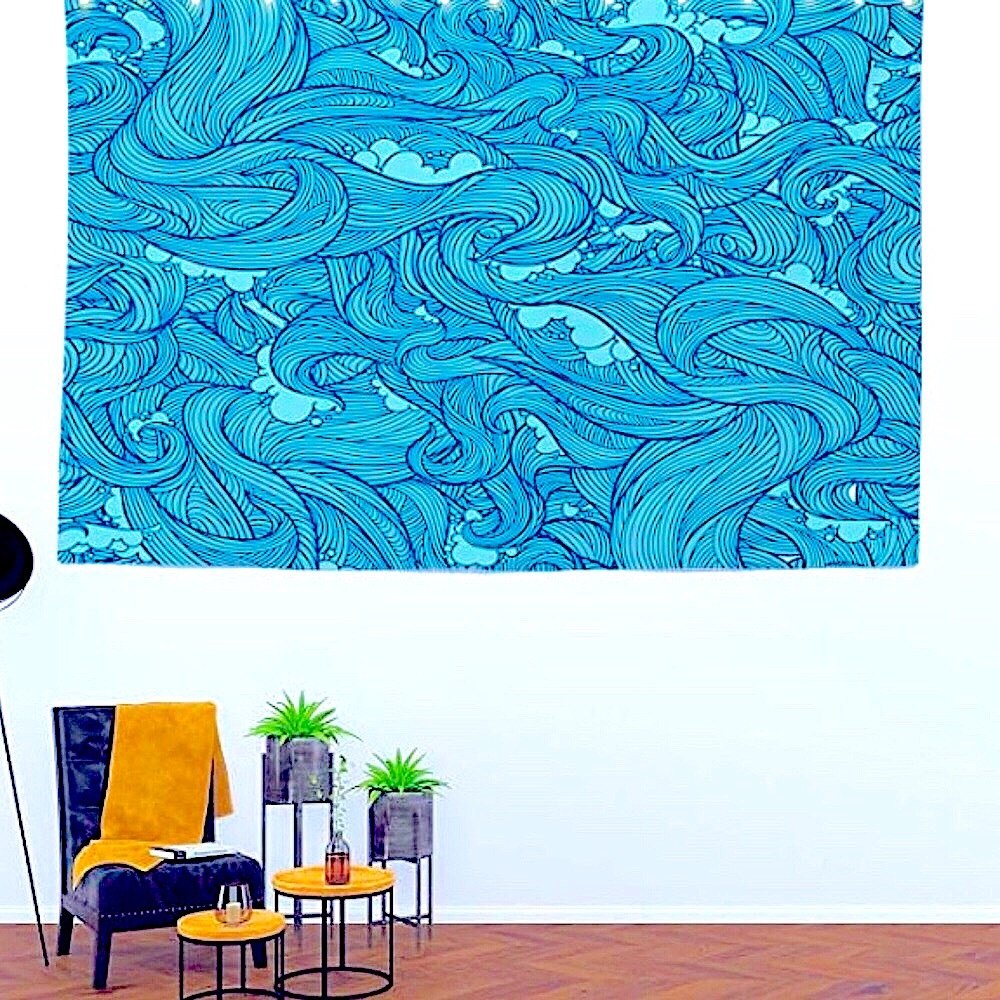 NWT 59x51 College Dorm Decor Large Waves Wall Tapestry Black Light Beach Hanging